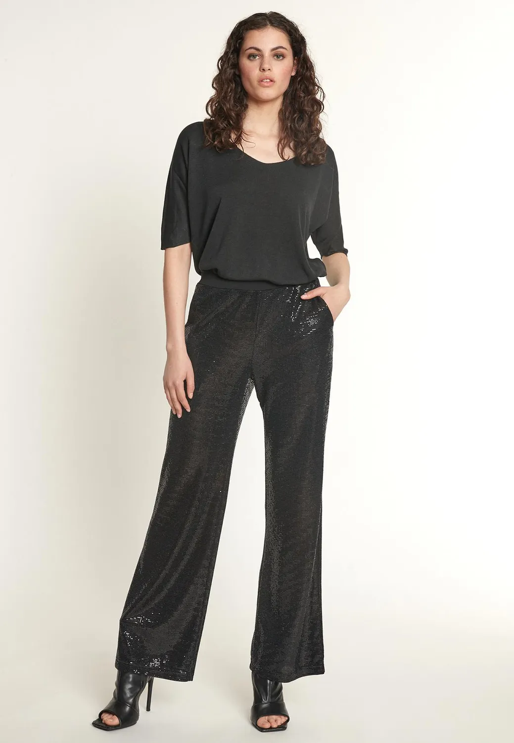 Ana Alcazar Ofyra pantaloni paillettes neri serata