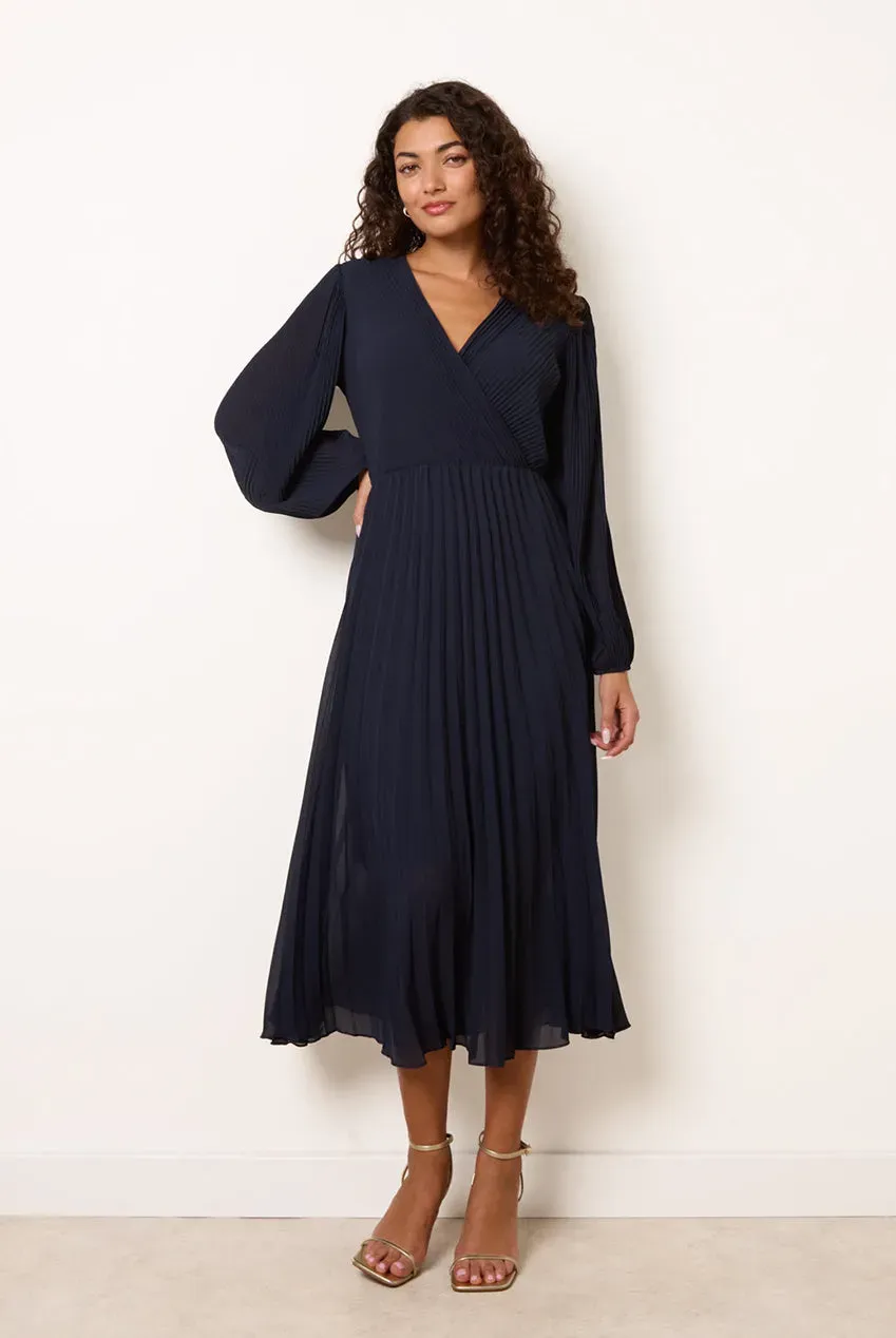 Goddiva Blue Vanilla abito chiffon plissettato blu navy midi