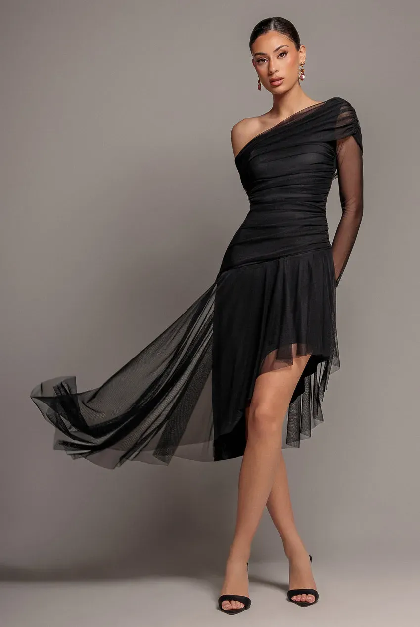 Goddiva Abito Midi Monospalla Nero Manica Velata