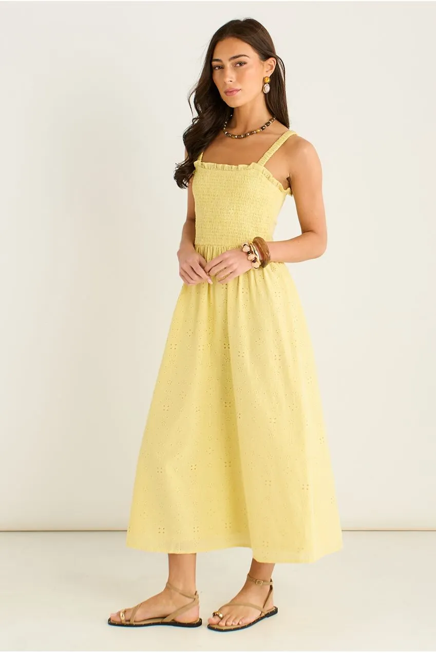 Gini London Yellow Embroidered Shirred Bodice abito giallo sole