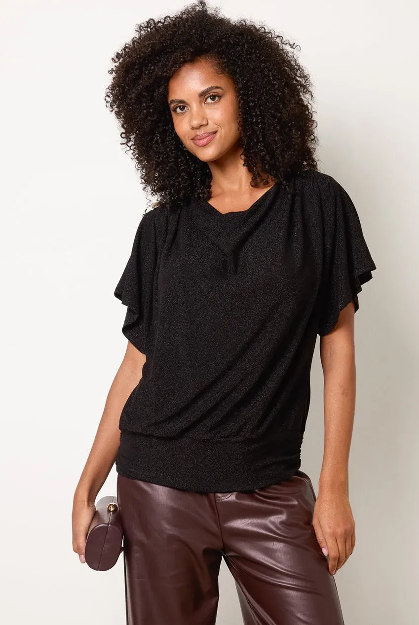 Blue Vanilla Draped Cowl Neck top nero con bottoni