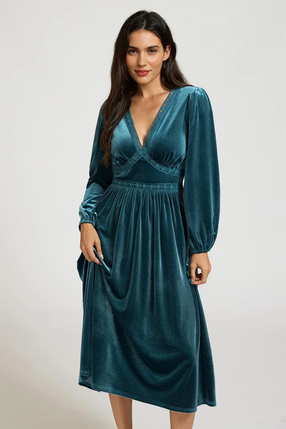 FS Collection abito midi velluto teal collo V manica lunga