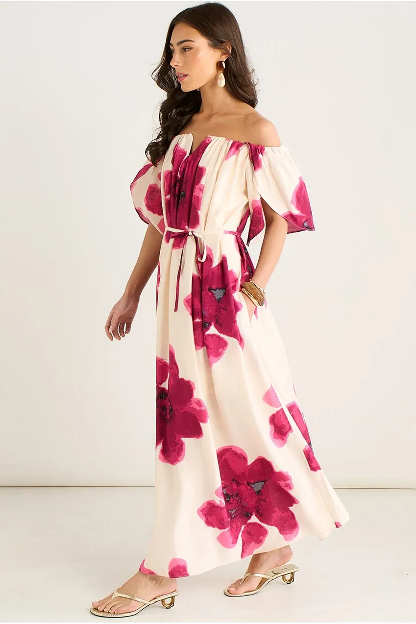Goddiva Gini London abito maxi rosa bardot spalle scoperte