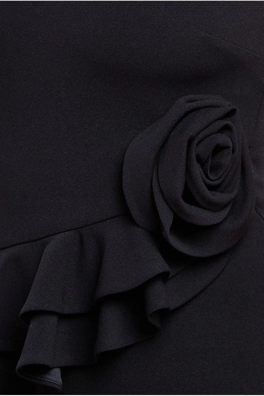 Goddiva Scuba Crepe Rose Frill Abito Midi Nero