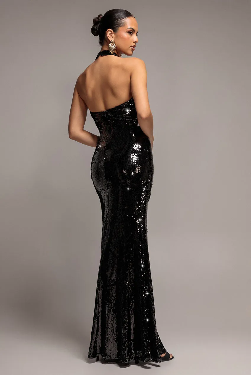 Goddiva Sequin Open Back abito maxi nero halter paillettes