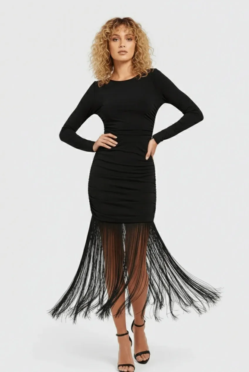 Avinci Abito Midi Bodycon Nero Frange Jersey 8