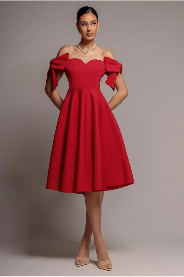 Goddiva Bardot abito midi rosso scollatura profonda 10