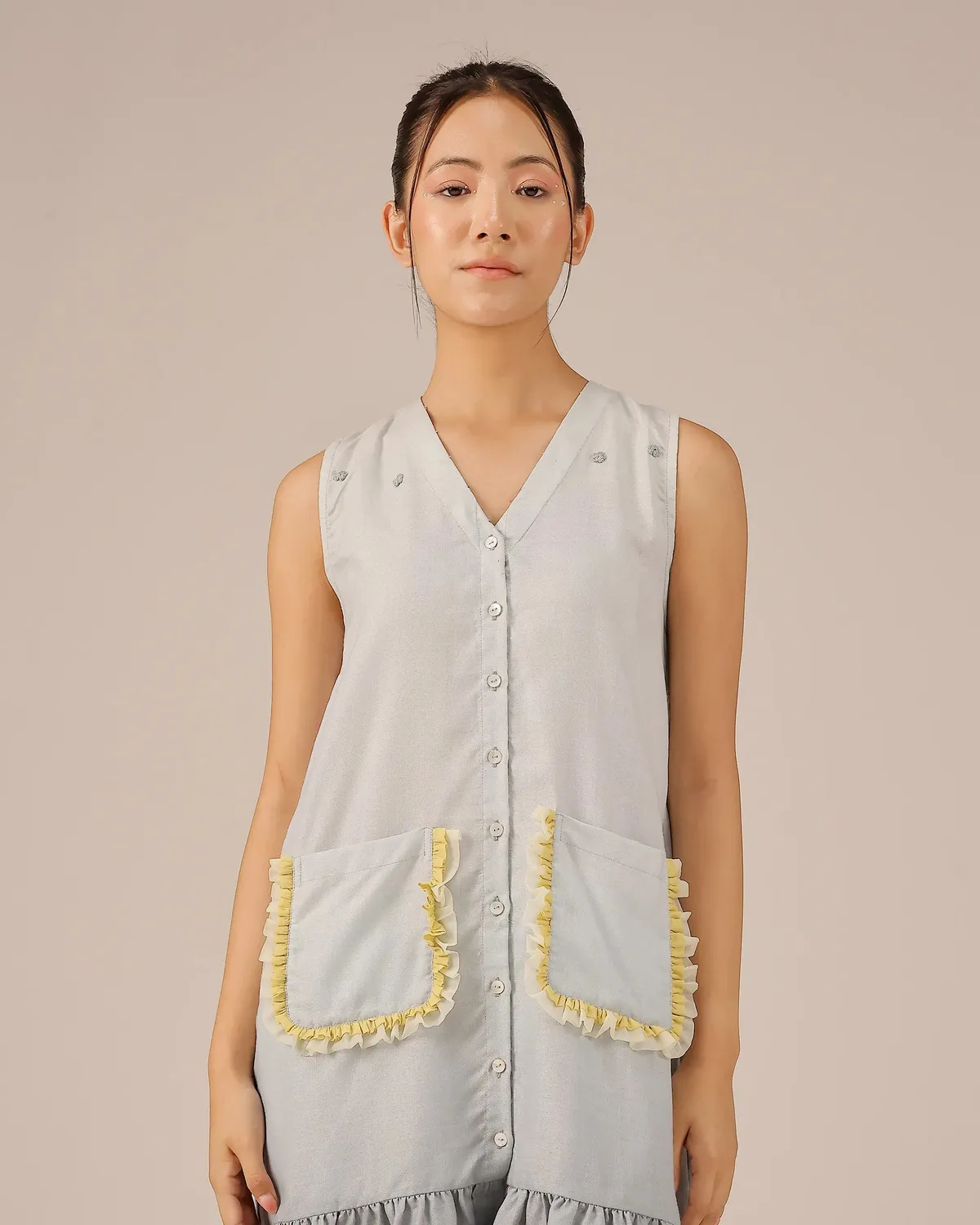Our Dve Coconut Crush vestito lino grigio smanicato