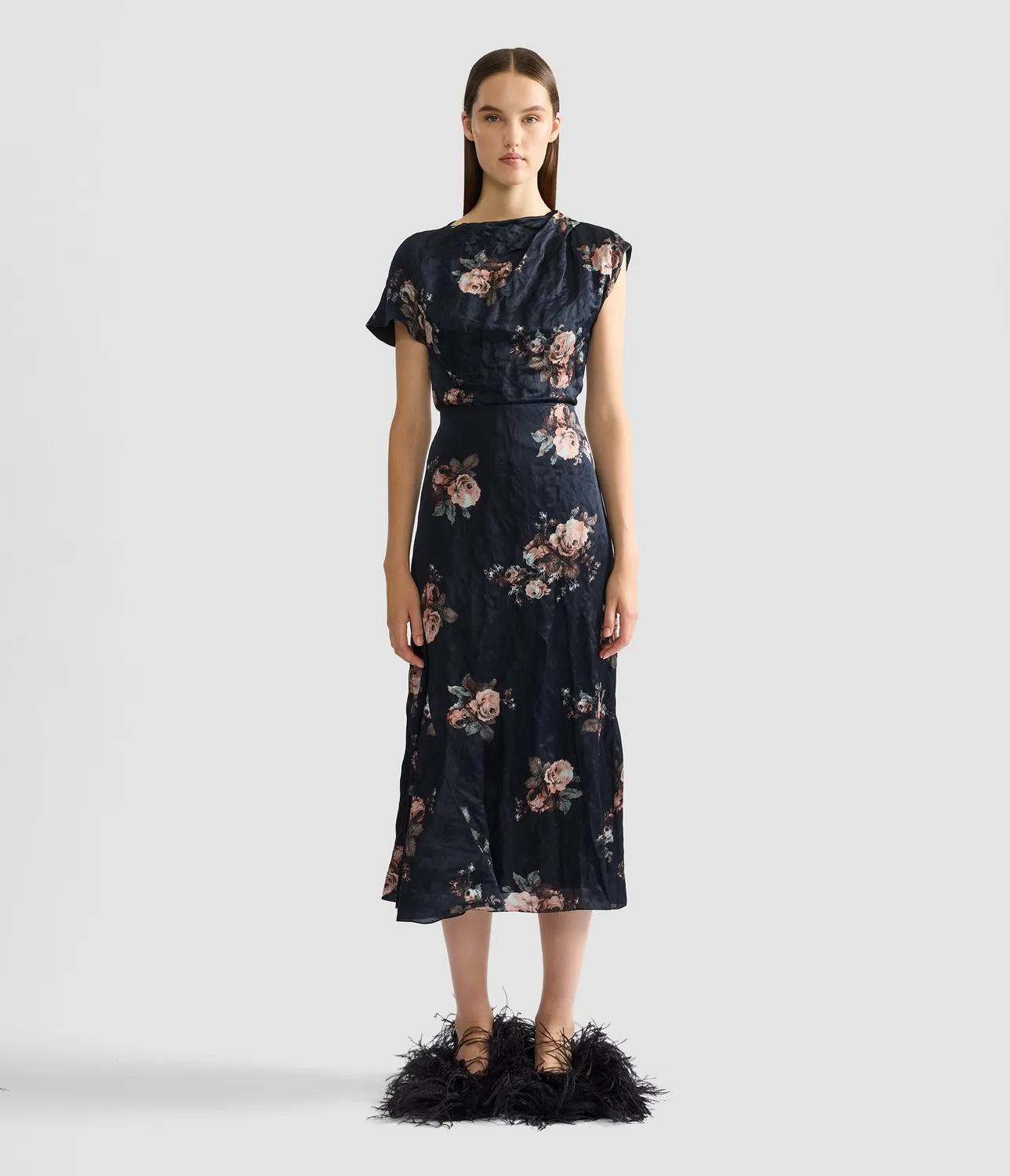 Erdem Floral Crushed gonna midi raso drappeggiata