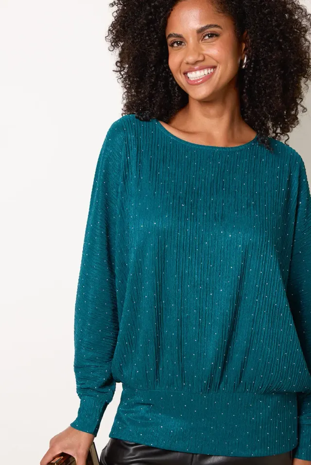 Blue Vanilla Rhinestone Batwing top teal con strass
