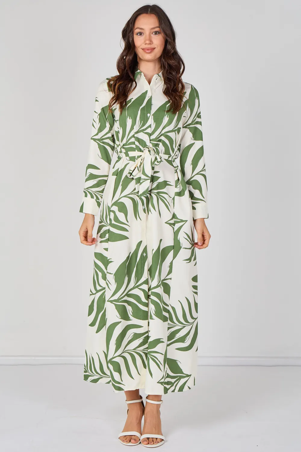 Love Sunshine Green Palm Print abito camicia verde maxi