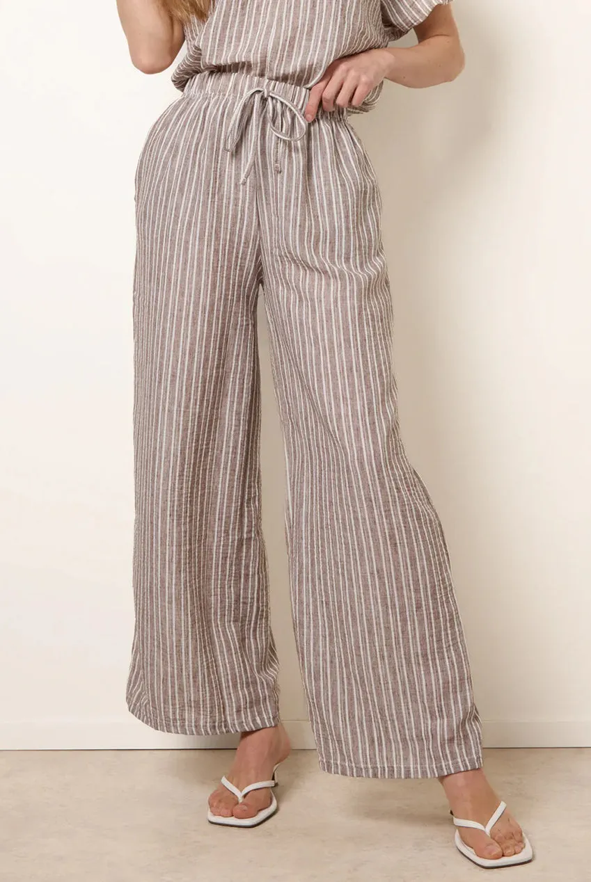 Goddiva Blue Vanilla Tie Waist Pantaloni cioccolato riga