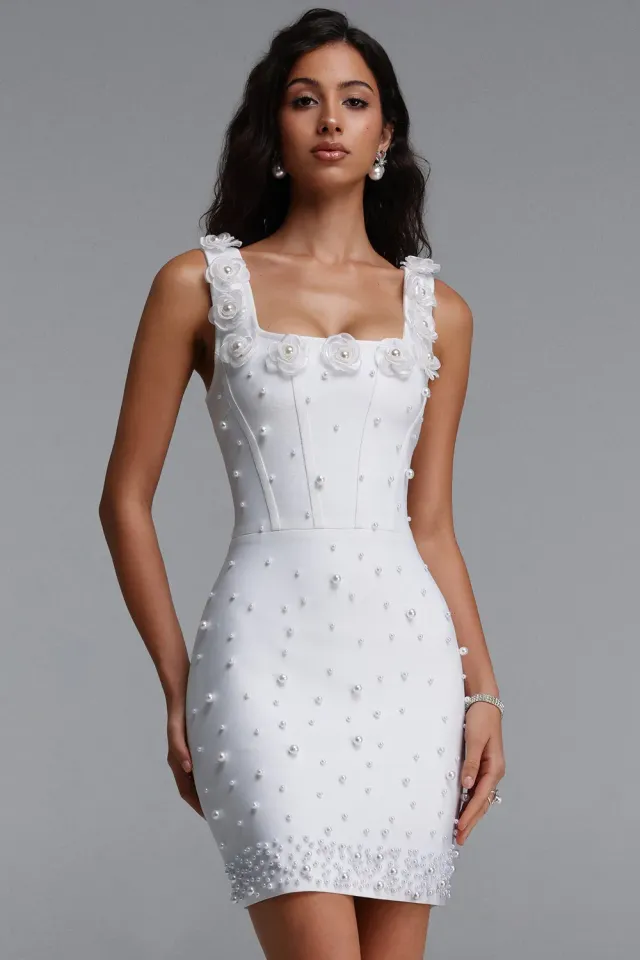 Bella Barnett Krome abito mini bianco perle bodycon
