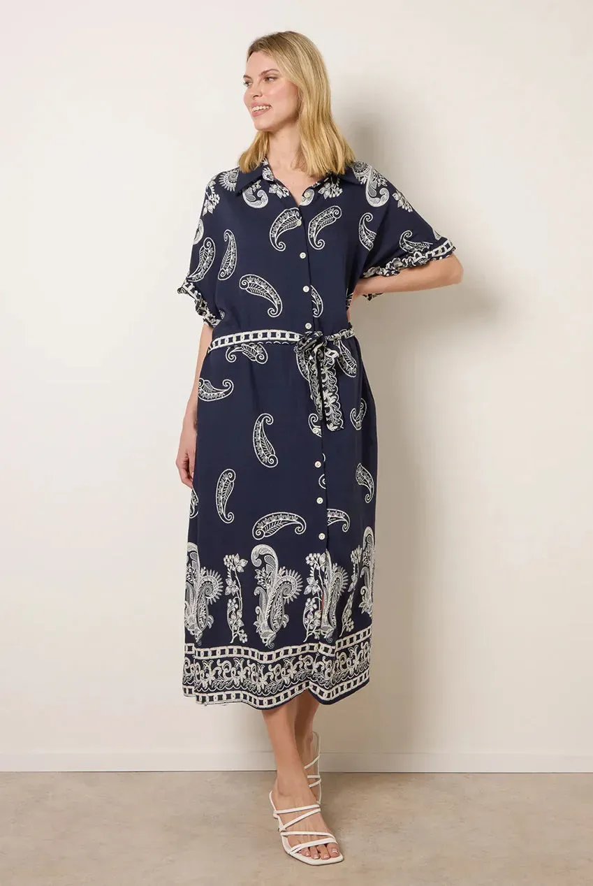 Blue Vanilla Abito Camicia Paisley Cintura Navy