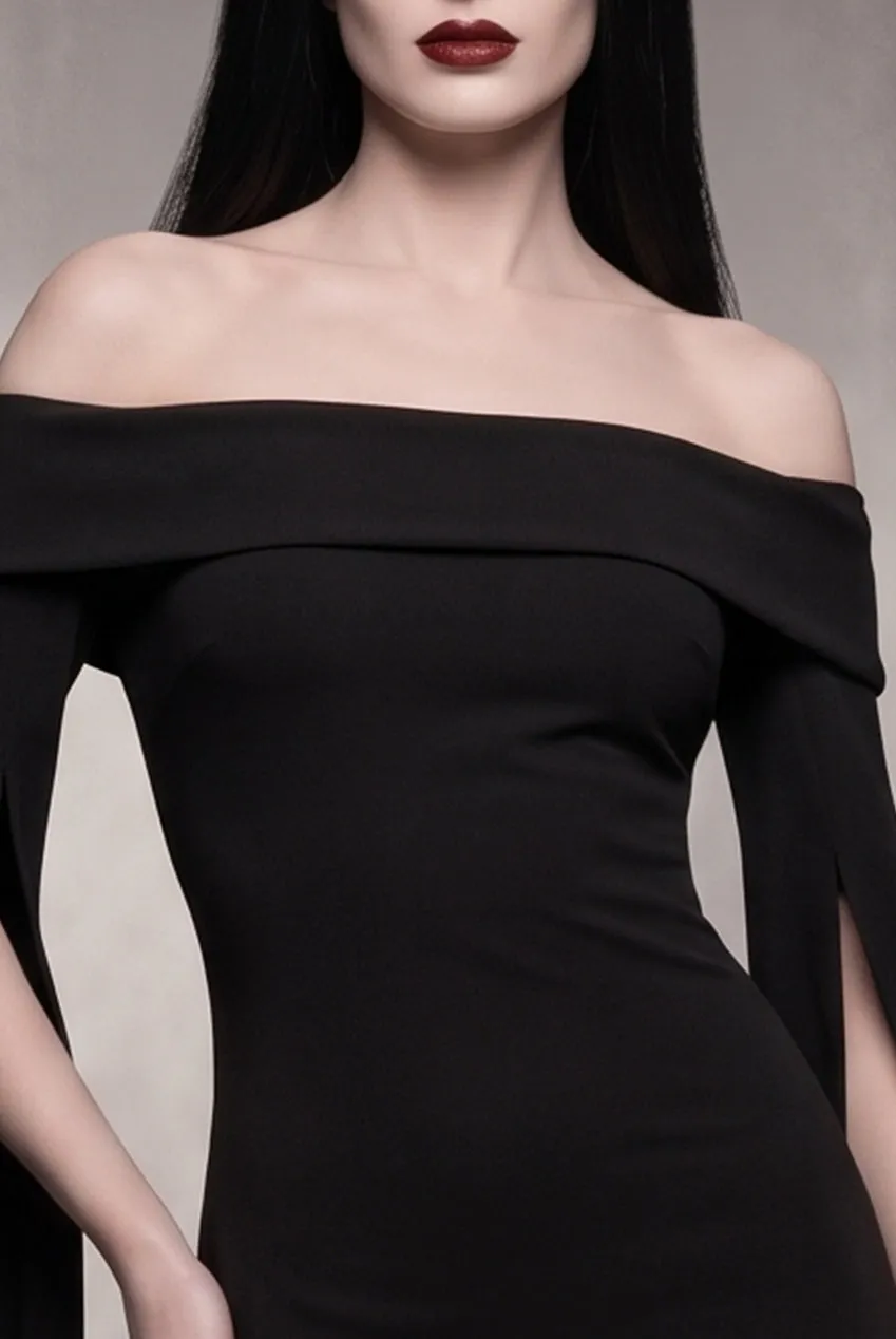 Goddiva Morticia abito maxi nero con mantella