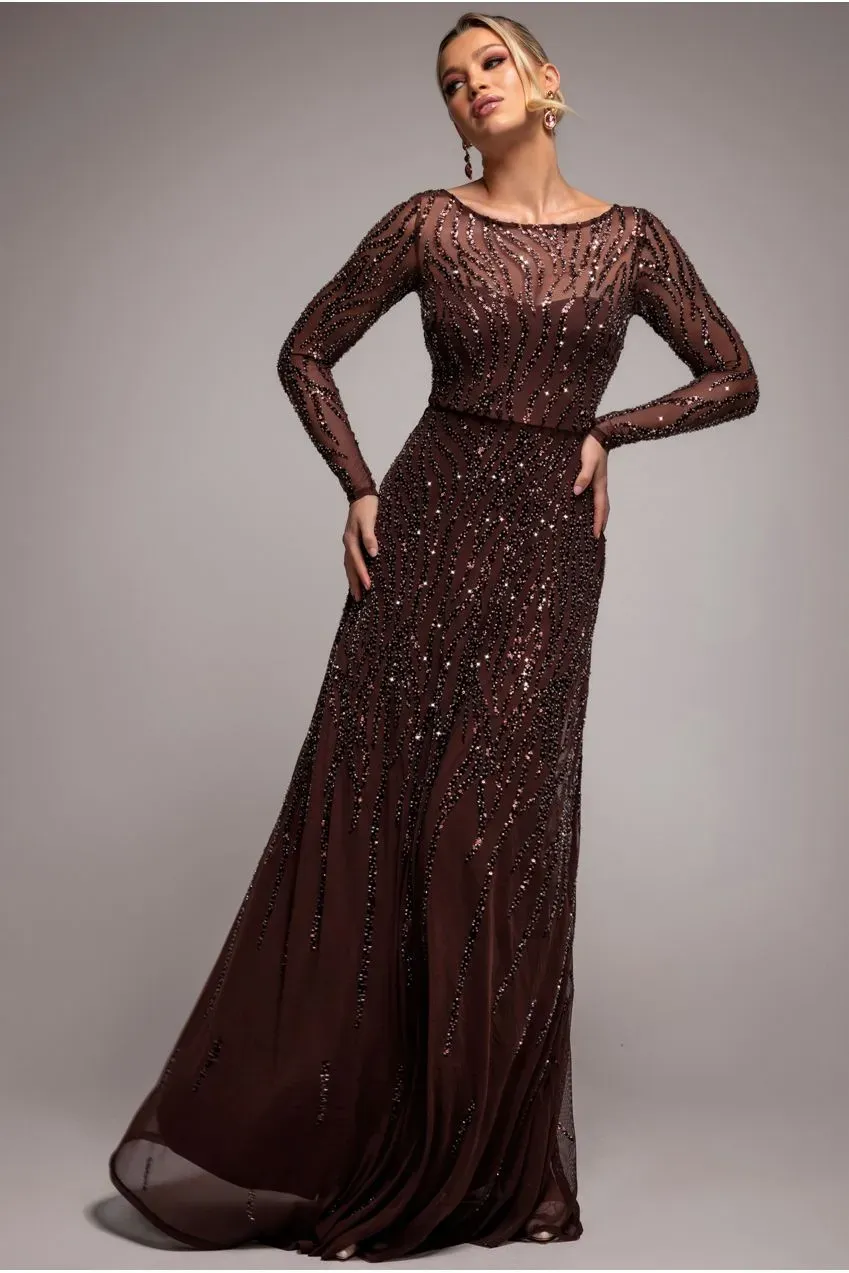 Goddiva Ombre abito maxi paillettes marrone