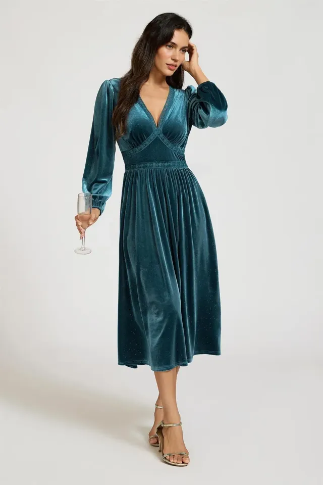 FS Collection abito midi velluto teal collo V manica lunga