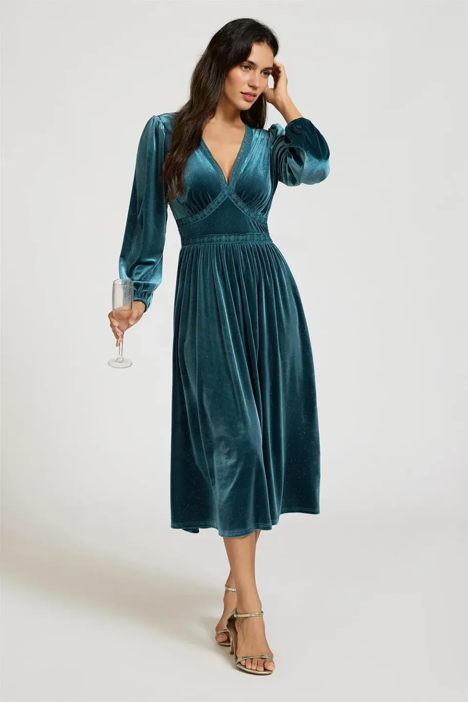 FS Collection abito midi velluto teal collo V manica lunga