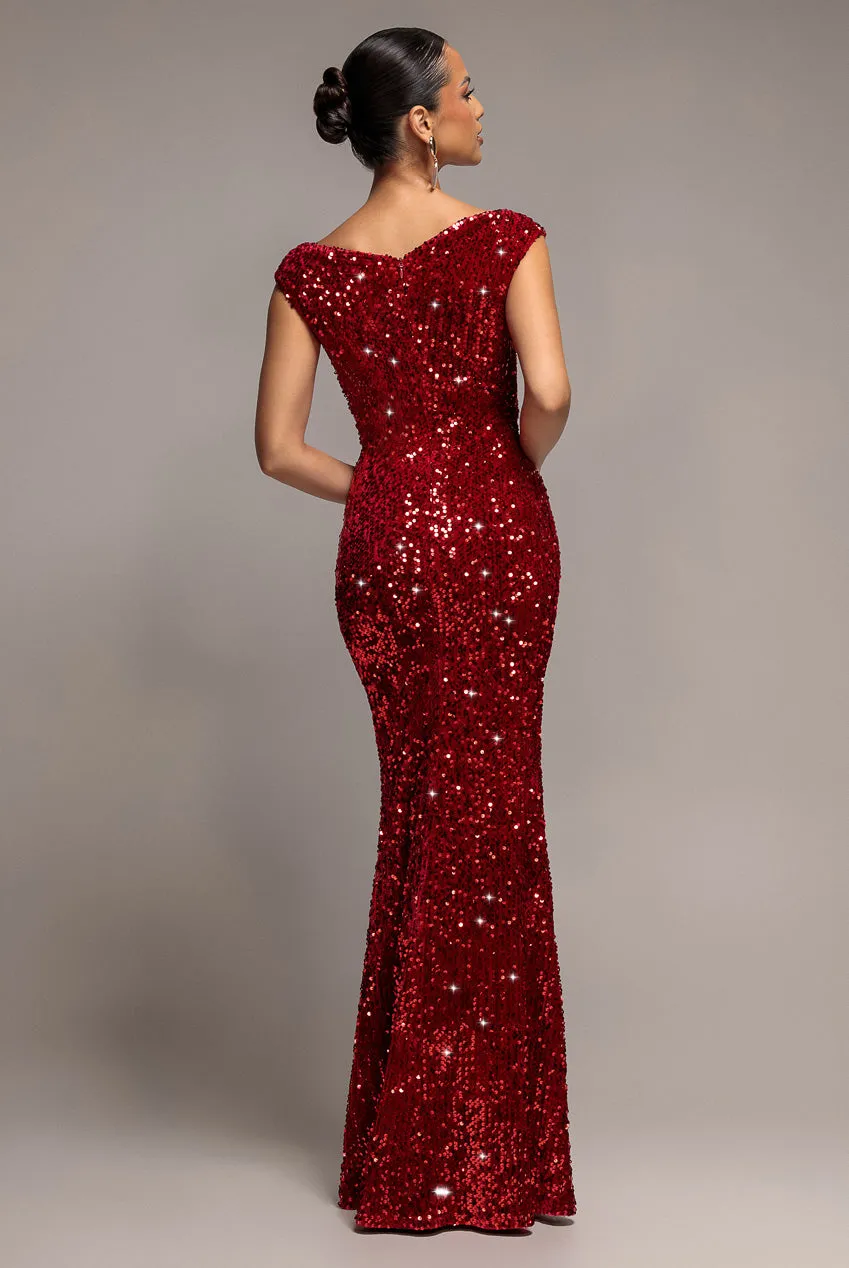 Goddiva Sequin Velvet Abito Rosso 12 lungo a sirena