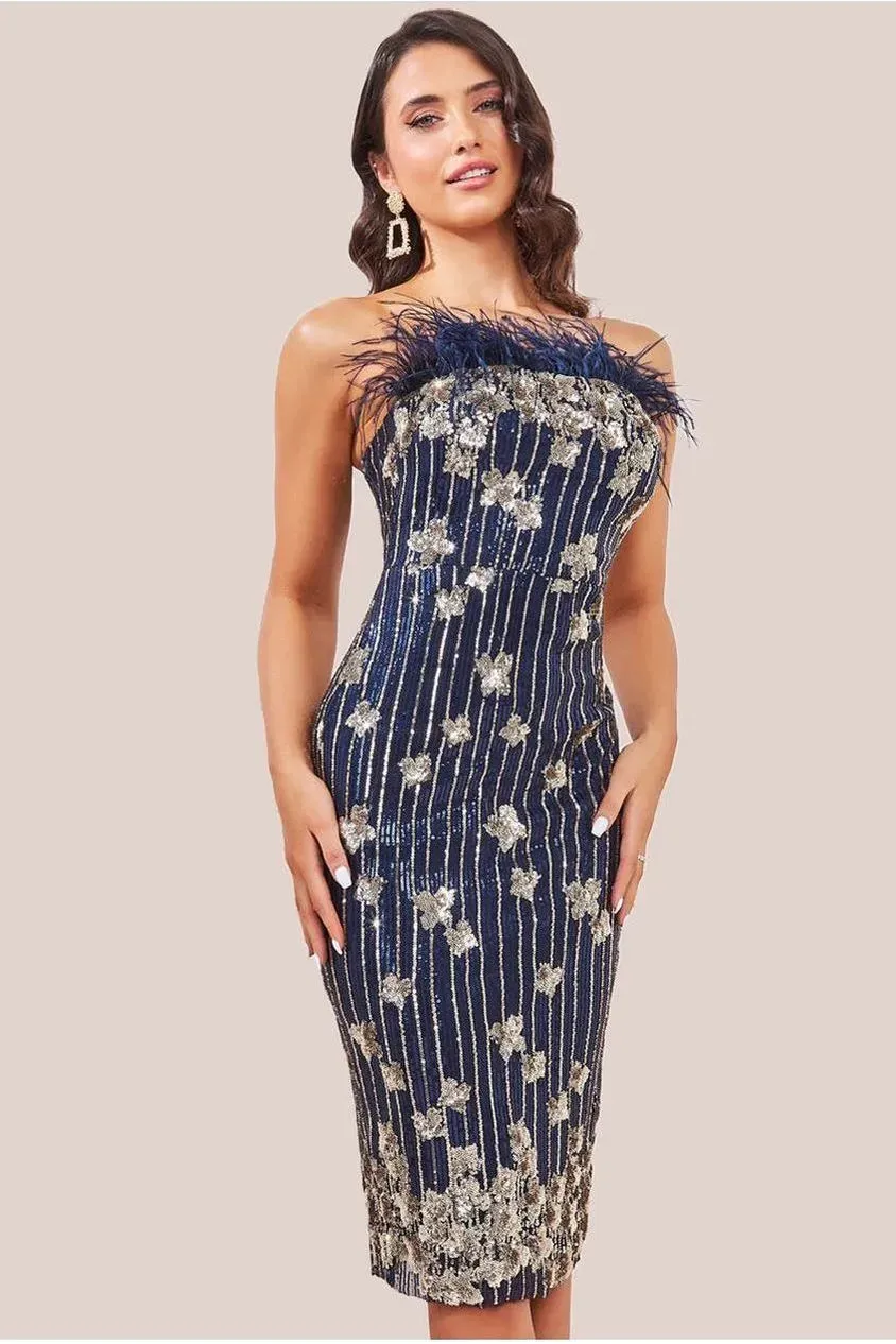 Goddiva Sequin Feather Boobtube abito midi navy paillettes