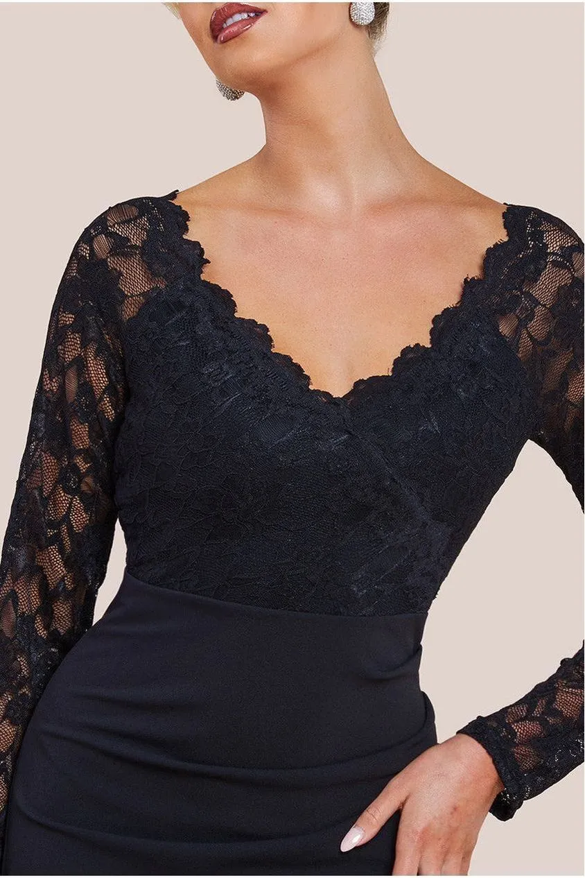 Goddiva Scalloped Lace Scuba abito maxi nero pizzo manica