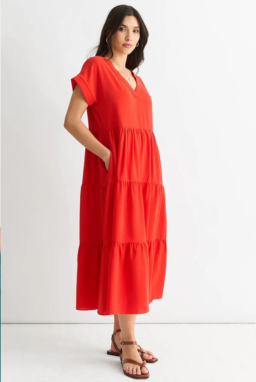 Gini London Smock abito midi rosso scollo a V tasche