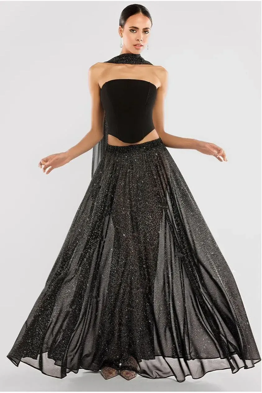 Goddiva Glitter Chiffon gonna lunga nera glitter S M L