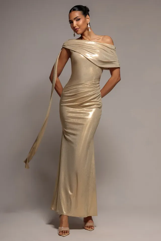 Goddiva Sash Bardot abito oro monospalla foil taglia 12