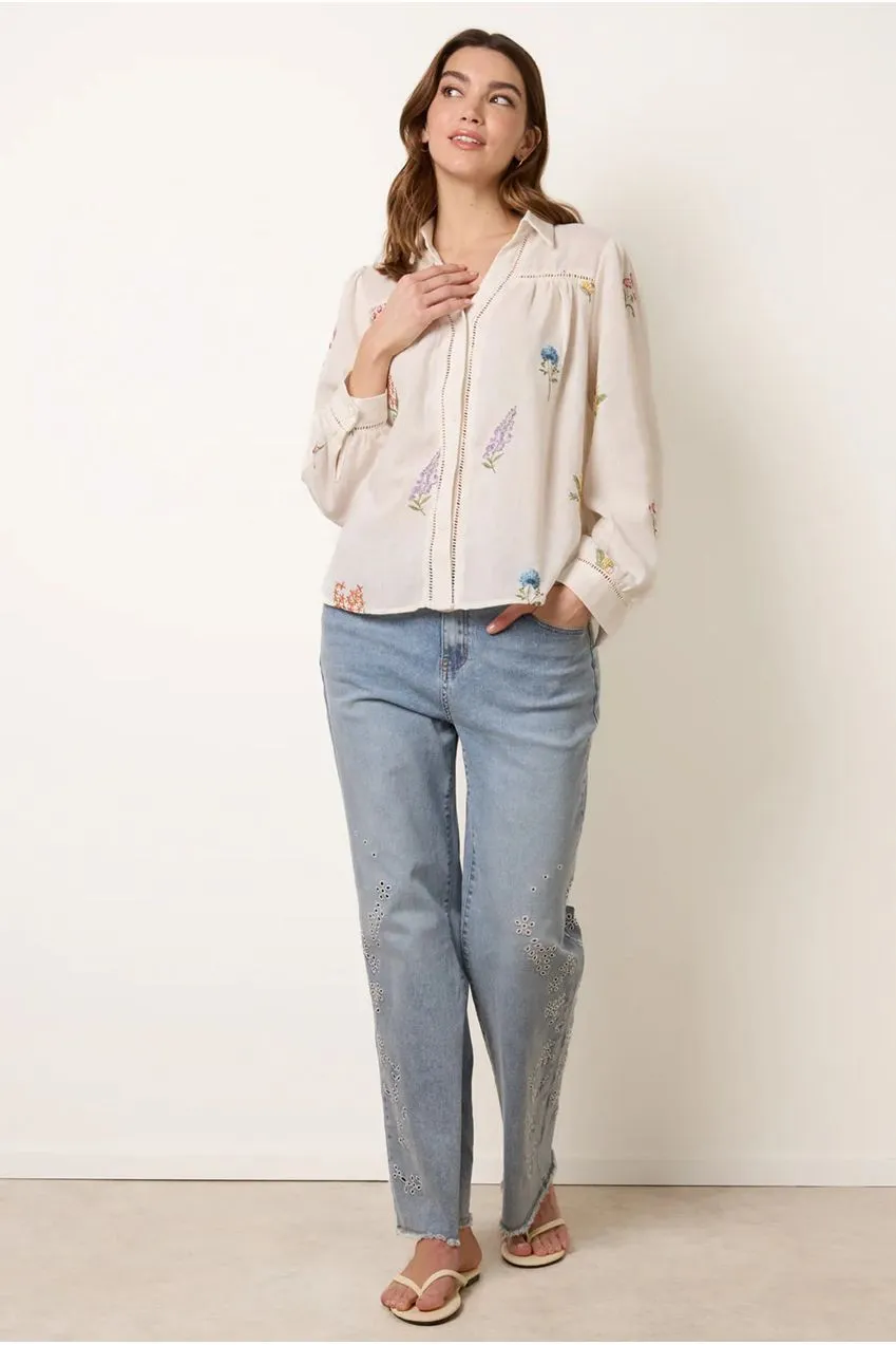 Blue Vanilla camicia ricamata beige manica lunga