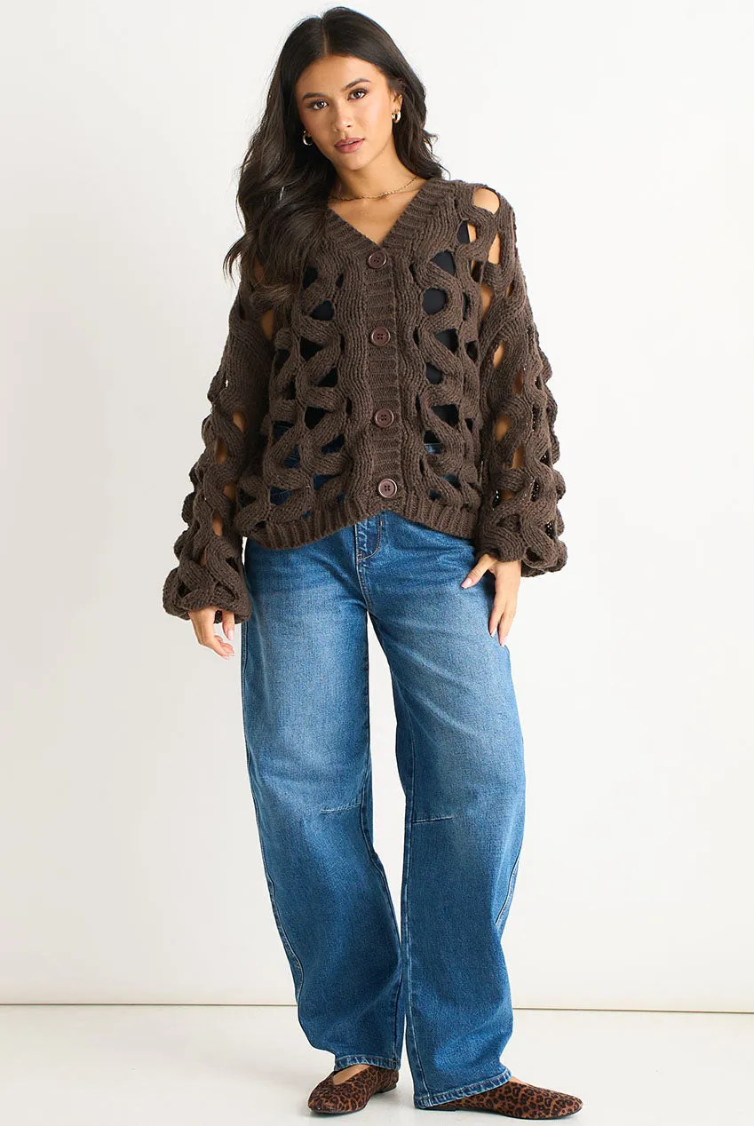 Gini London Hollow Chunky Knit cardigan cioccolato traforato