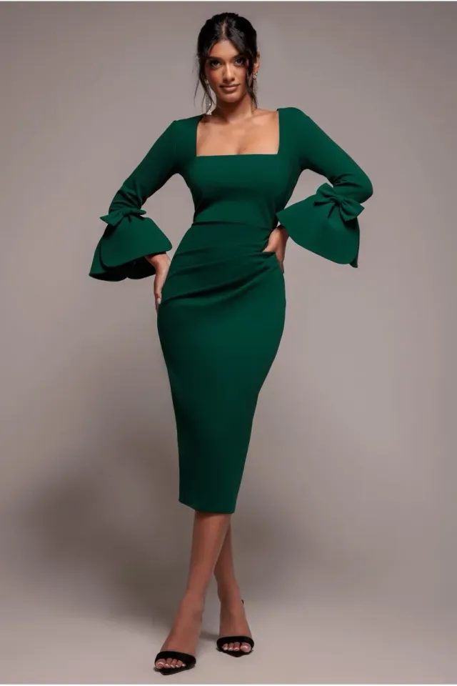 Goddiva Petal Bow abito midi verde smeraldo