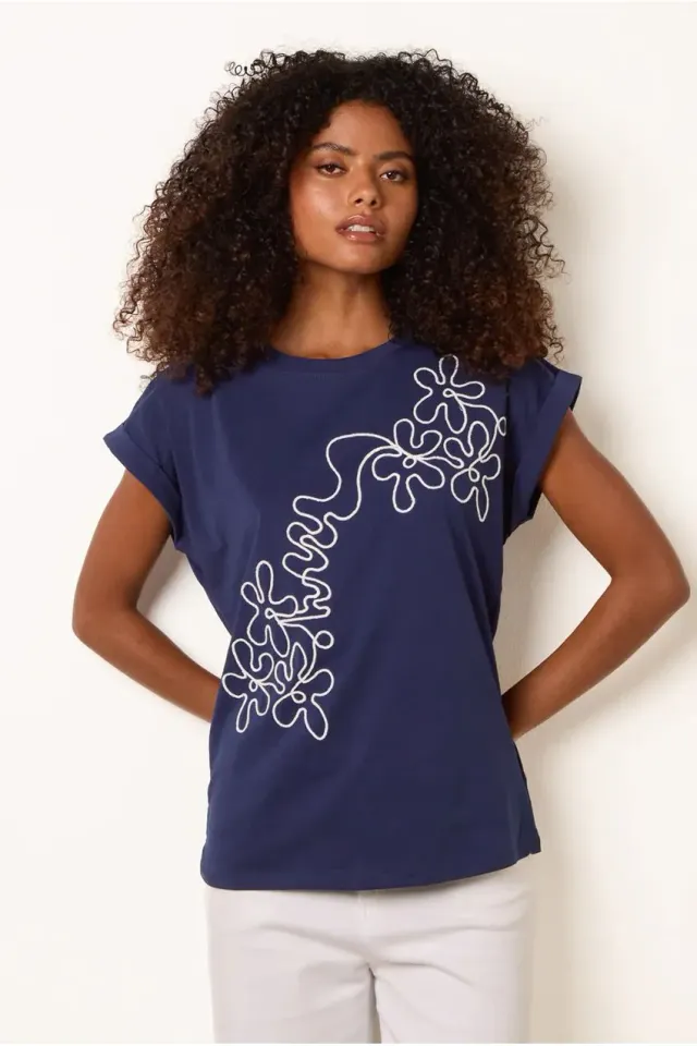 Blue Vanilla t-shirt ricamo floreale blu navy cotone