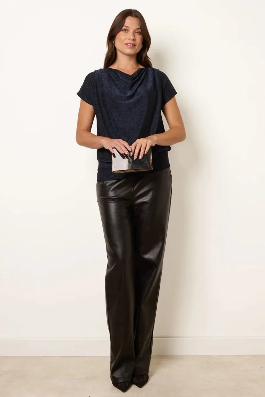 Blue Vanilla Cowl Neck Draped top blu navy metallizzato