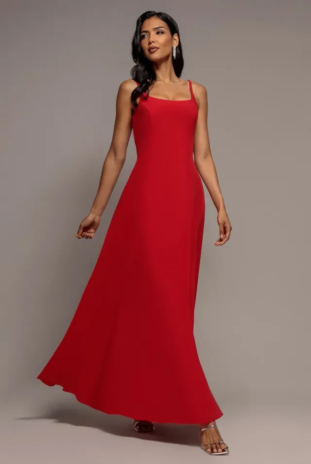 Goddiva A-Line maxi abito rosso scollo barca tasche spalline
