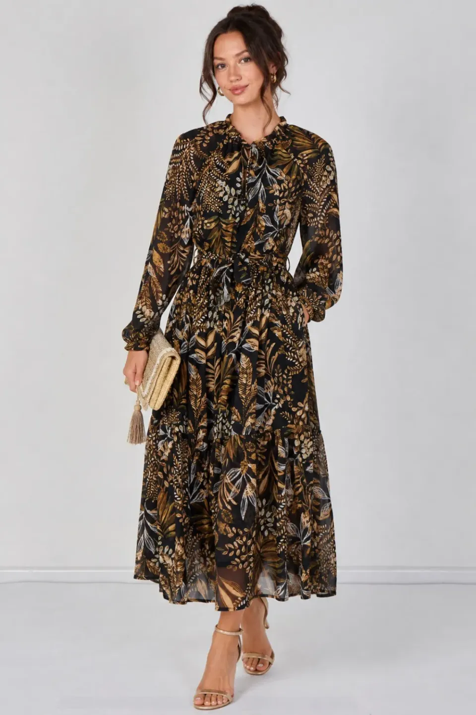 Love Sunshine Botanical abito maxi chiffon marrone con cintura